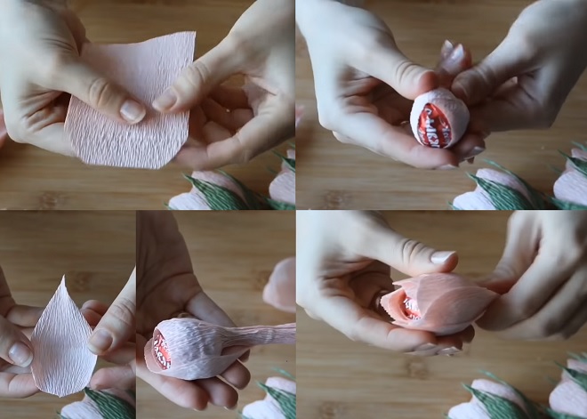 dán 1 lớp giấy nhún quanh viên kẹo và dán các lớp cánh tạo hình bông hoa hồng búp